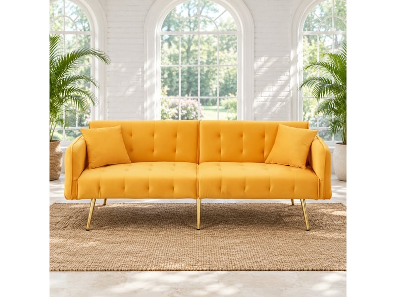  Canapé convertible 2 places avec dossier et accoudoirs réglables, coussins, velours jaune, couchage 215 × 81,5 cm  - Conforama C