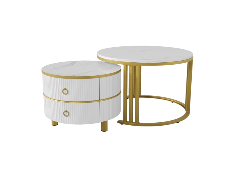Table basse ronde 2 en 1 en mdf, plateau brillant et effet marbre, 2 tiroirs, or et blanc - Conforama A