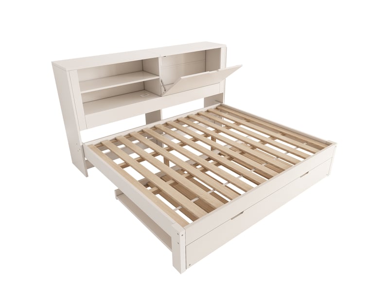Lit banquette 140x190 cm – blanc – lit gigogne, rangement et charge usb-c intégrée – sans matelas - Conforama D