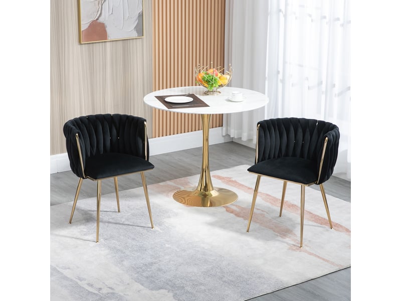  Lot de 2 chaises de salle à manger 55,5x41x74cm, dossier arrondi, design tressé, pour salon, pieds en métal, velours noir  - Conforama D