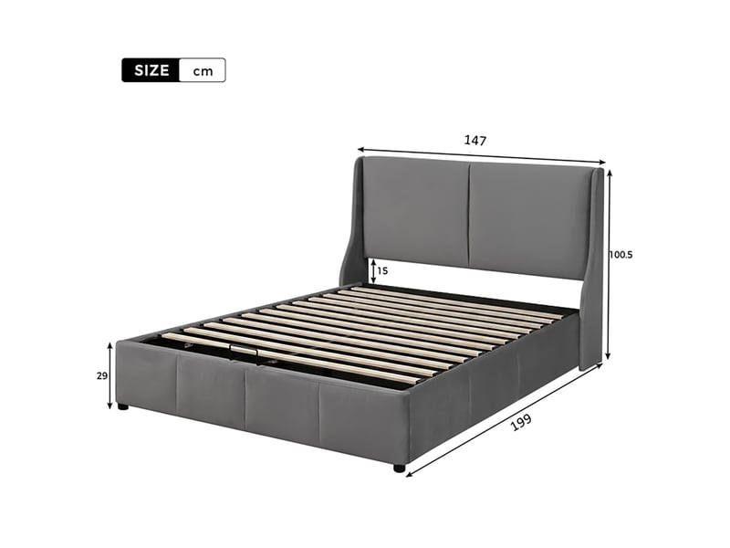  Lit coffre 140 x 190 avec rangement hydraulique, lit 2 personnes avec sommier à lattes et tête de lits rembourré, sans matelas, velours gris  - Conforama C