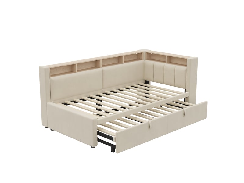 Canapé-lit rembourré 90x200 cm extensible 180x200 cm,éclairage led,tête de lit d'angle avec rangement,lit de jour,tissu lin,sans matelas,beige - Conforama E