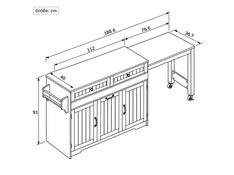  Îlot de cuisine extensible 188,6 x 36,7 x 92 cm, roulettes, 2 tiroirs, 3 portes et poubelle intégrée, blanc, en mdf  - Conforama C