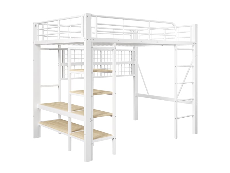  Lit mezzanine 140x200 cm blanc avec led, penderie, filet de rangement et espace ouvert  - Conforama D