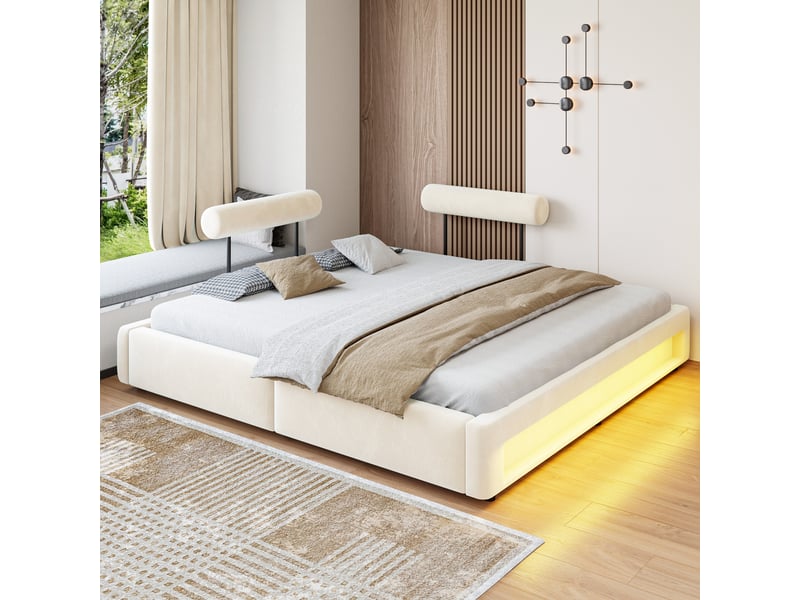 Lit 2 places 180x200 cm avec dossiers réglables, led, lit plateforme en velours, coins arrondis, design moderne beige - Conforama B