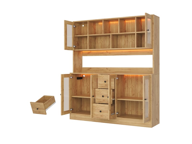 Colonne cuisine 150x40x173 cm, armoire haute avec led et prises, rangement avec 6 portes acrylique et 3 tiroirs, vitrine pour salon et salle à manger - Conforama A