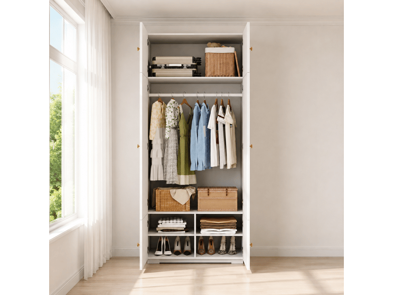  Armoire 2 portes avec penderie et 5 compartiments 90x50x200 cm blanche  - Conforama B