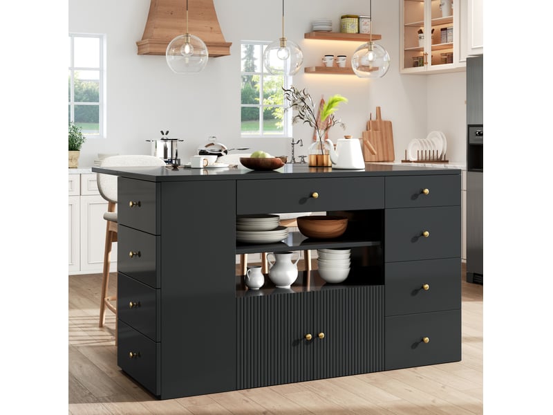  Îlot de cuisine noir avec 6 tiroirs et tabouret mobile, 140x40x89 cm  - Conforama B