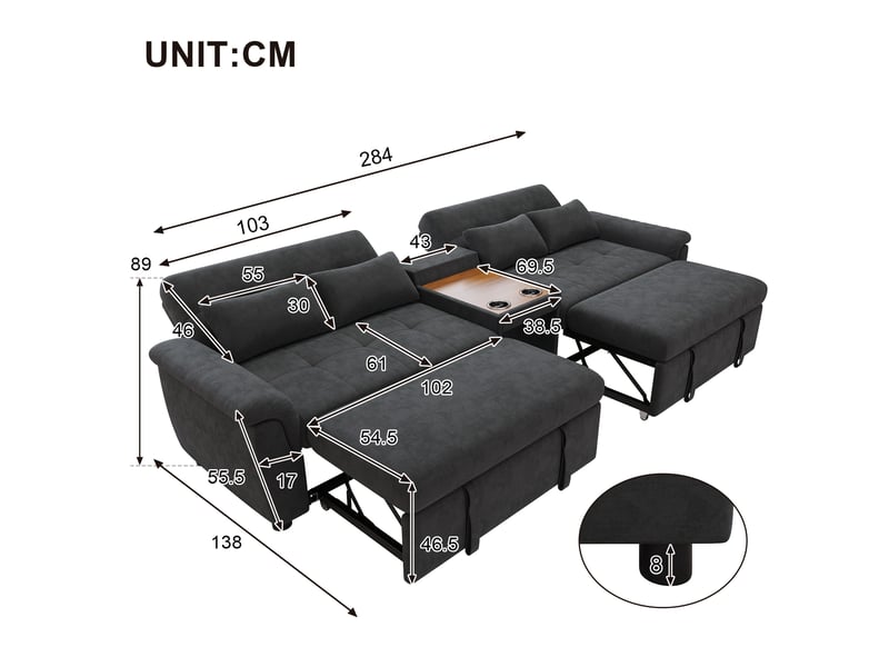 Canapé convertible, canapé-lit, en chenille, gris foncé, porte-gobelets, 284 x 138 x 89 cm, dossier réglable - Conforama C