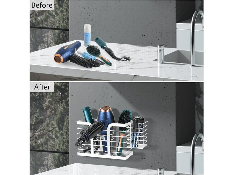  Porte seche cheveux mural sans percage - support seche cheveux et lisseur salle de bain pour accessoires chauds, brosse, produits,blanc  - Conforama B