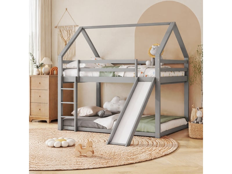  Lit superposé cabane enfant 200×140 cm pour chaque couchage, avec toboggan et échelle, en pin et mdf gris  - Conforama B