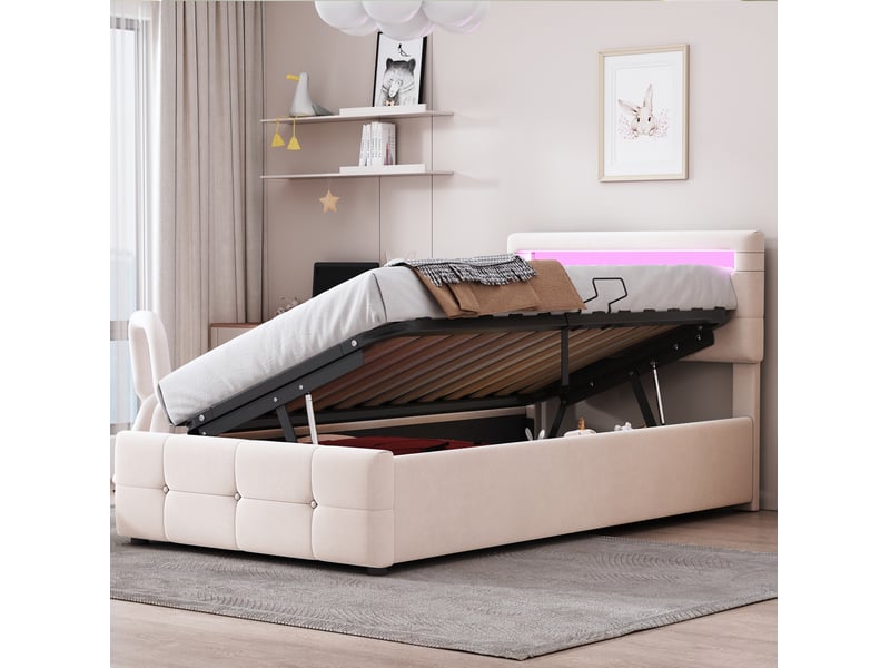  Modenvie lit enfant coffre 90x200 cm - avec led et rangement hydraulique, sans matelas - beige  - Conforama D
