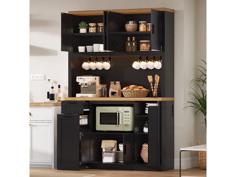 Armoire de cuisine haute avec éclairage led et prises, rangement avec tiroirs 3 niveaux et étagères réglables - Conforama D