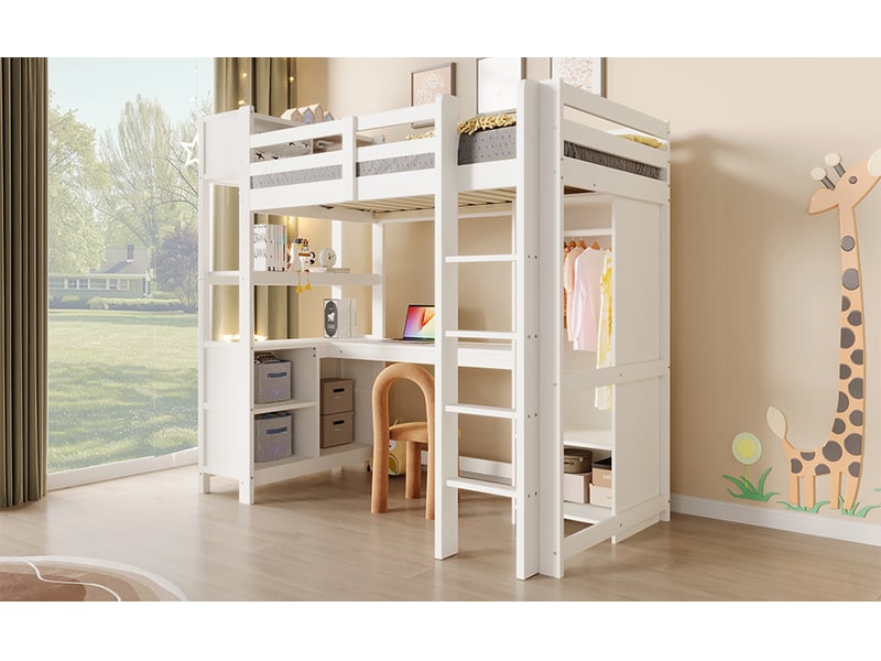  Lit mezzanine 90 × 200 cm, bureau en l, penderie ouverte, niches et étagères, pin et mdf, sommier à lattes, blanc  - Conforama B