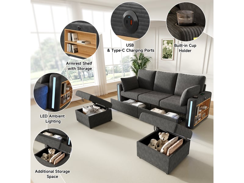 Canapé d'angle modulable en u et l 5 places, tissu velours côtelé gris avec poufs de rangement, éclairage led & ports usb pour grand salon. - Conforama E