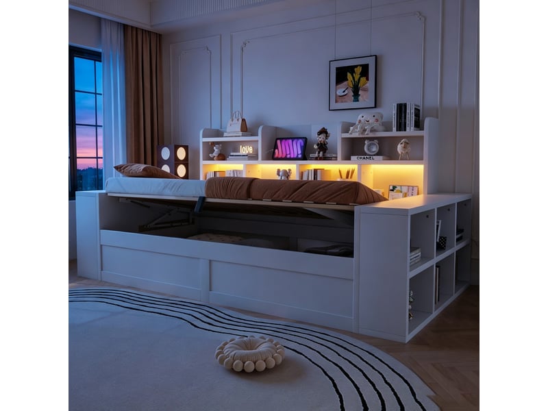  Canapé-lit multifonction en bois 90 x 200 cm, coffre hydraulique, rangements et les accoudoirs, prise électrique, éclairage led, blanc  - Conforama D