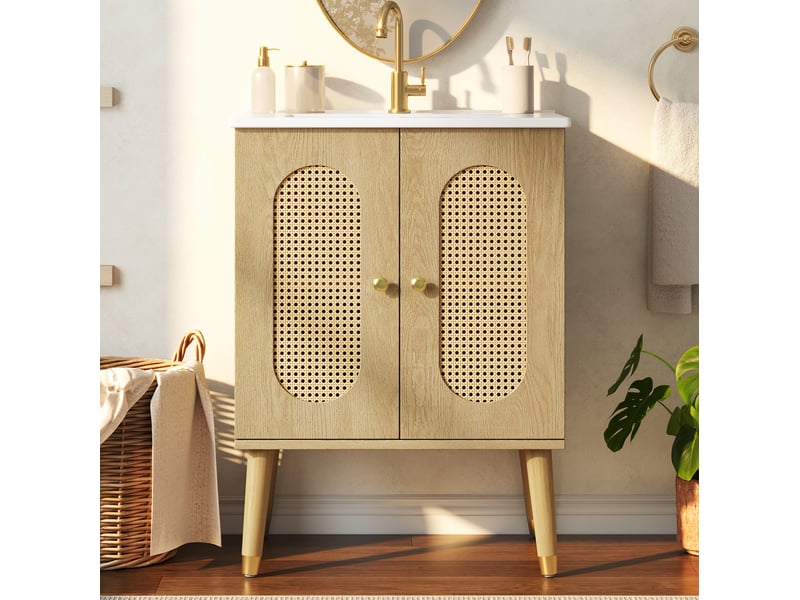 Meuble sous vasque 61x47x89 cm avec vasque en céramique, finition bois naturel - Conforama D