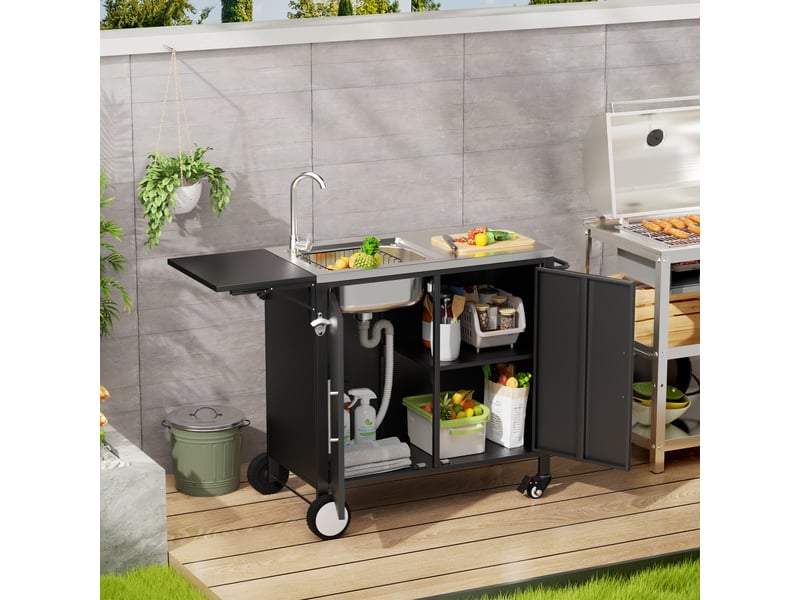  Chariot barbecue avec évier, plan de travail rabattable, armoire de rangement et roulettes pour jardin en métal noir  - Conforama B