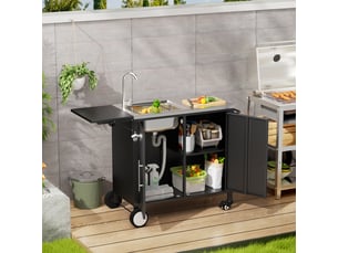 Chariot barbecue avec évier, plan de travail rabattable, armoire de rangement et roulettes pour jardin en métal noir