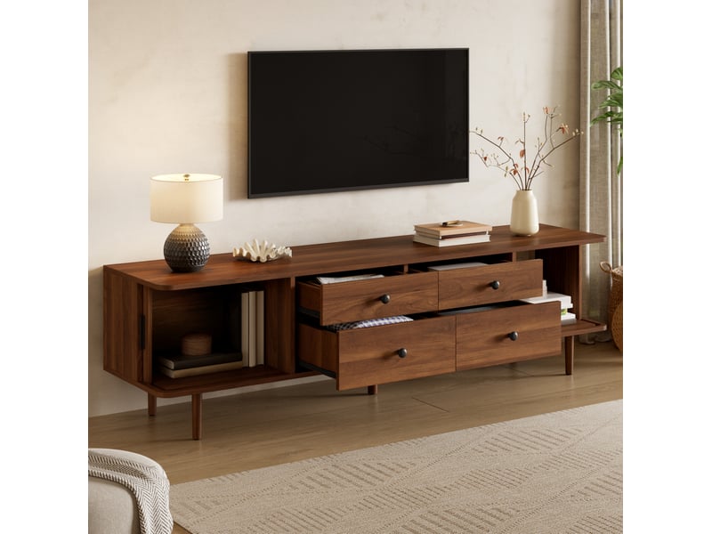  Meuble tv 165 cm avec 4 tiroirs et 2 portes coulissantes, coloris noyer, mdf  - Conforama B