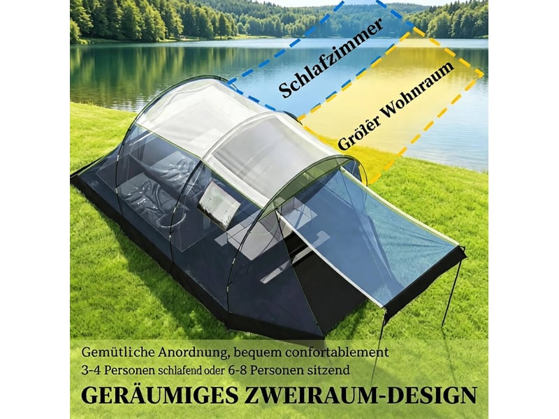 Tente tunnel 4 places bleue double paroi étanche 3000 mm avec séjour, idéale pour le camping en groupe - Conforama D
