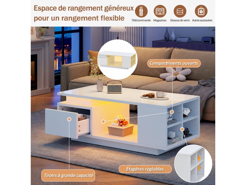  Table basse salon blanc brillant avec led, tiroir espace de rangement et 4 compartiments, 100x50x36cm  - Conforama D