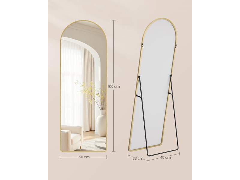 Miroir intégral arqué sur pied, 160 x 50 cm, verre trempé, doré clair - Conforama D