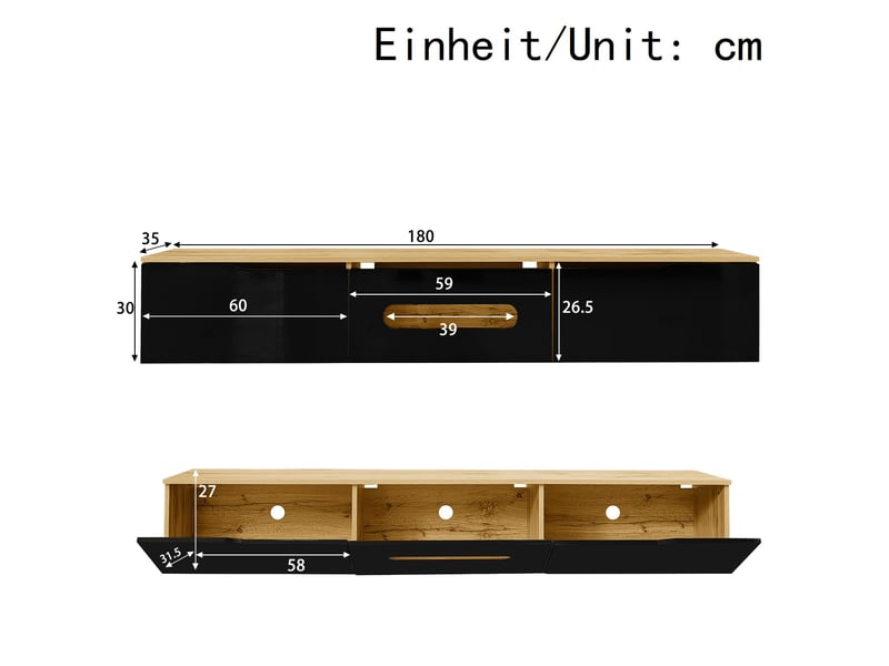  Meuble tv modenvie à poser ou mural 180 x 35 x 30 cm led 16 couleurs noir et bois  - Conforama C