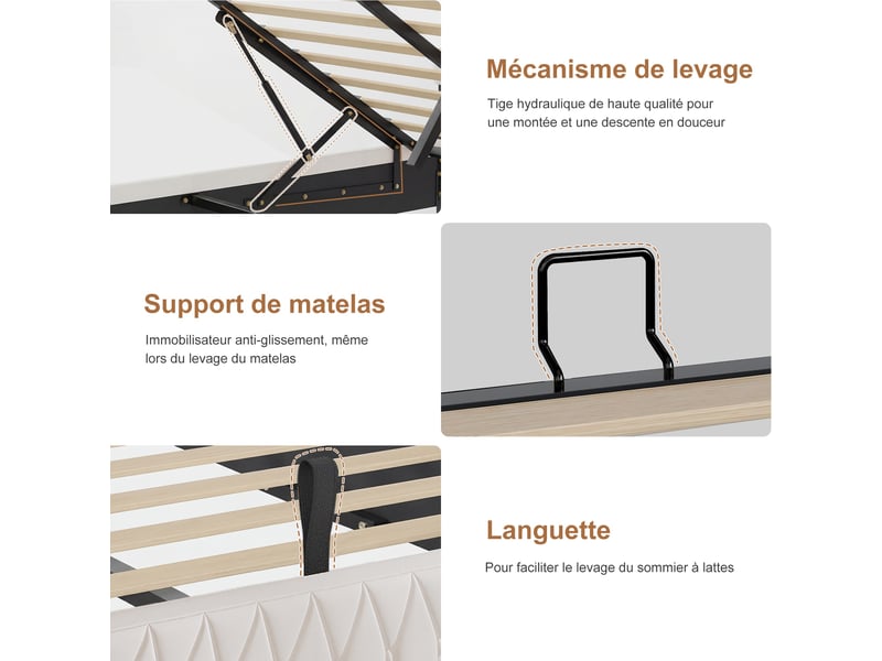  Lit coffre 160x200cm - lit double 160x200 et sommier - lit 160x200 avec tête de lit led, prises usbtype-c - beige  - Conforama D