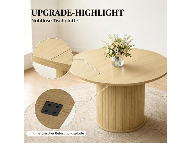  Table à manger ronde ø120 cm – 4–6 personnes, base cylindrique cannelée, design bois naturel  - Conforama E
