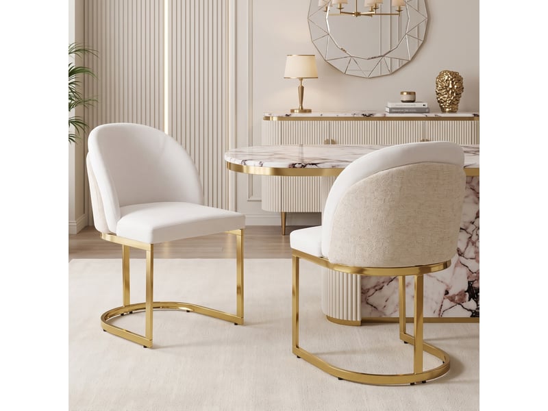 6 chaises de salle à manger confortables et respirantes, idéales pour restaurants, salons, cafés et autres lieux, style moderne, pieds en métal galvanisé doré, tissu chenille, beige + or - Conforama D
