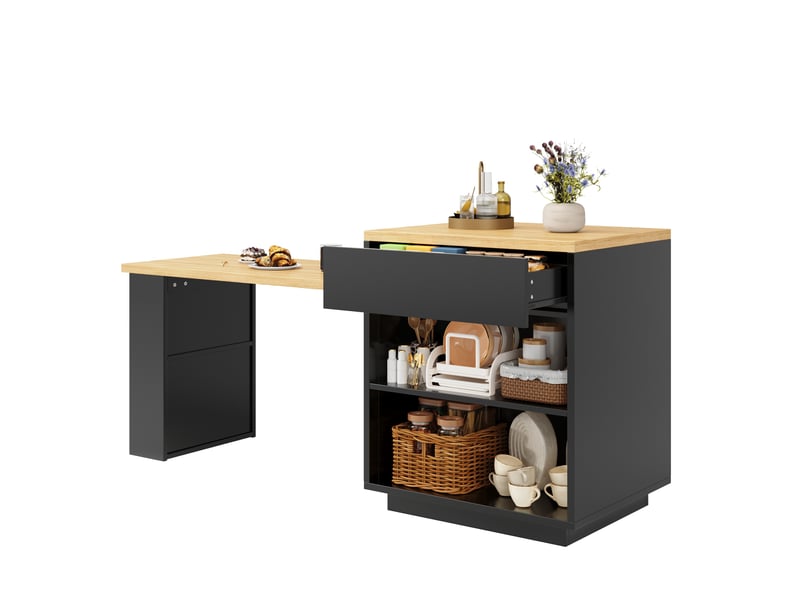 Îlot de cuisine extensible 122-194,5x70x94 cm avec led et rangement noir - Conforama R