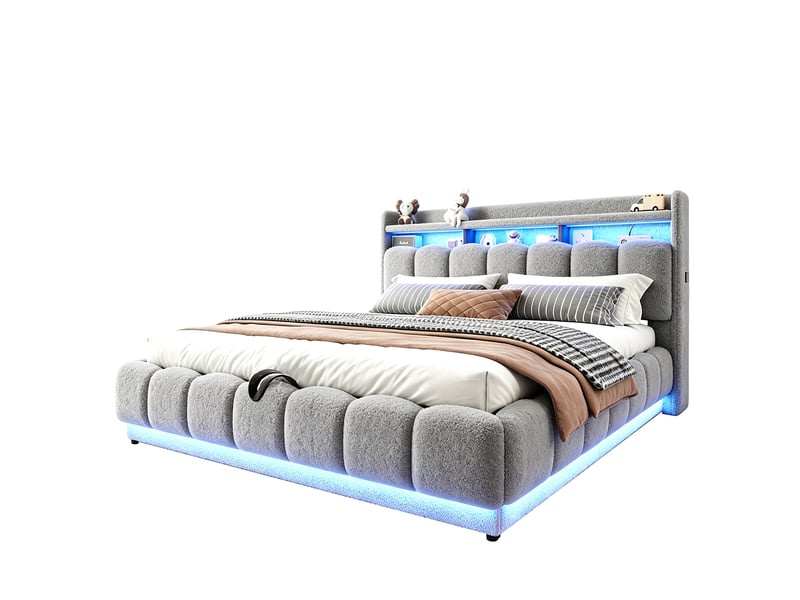  Lit coffre 180x200cm - lit double 180x200 rembourré en tissu bouclette avec led rgb &amp; prises usb - gris  - Conforama A