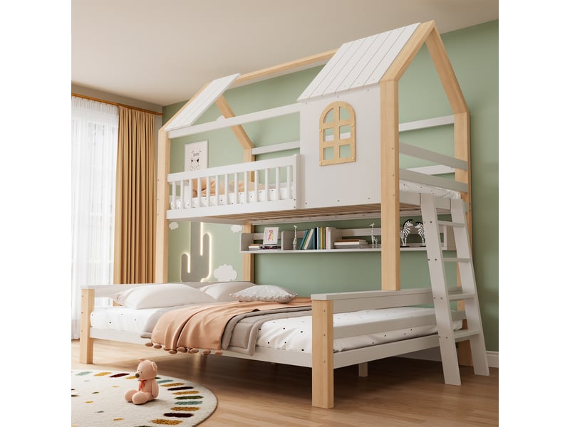  Lit superposé cabane 90x200140x200 cm, blanc et bois naturel Fay Lum - Conforama B