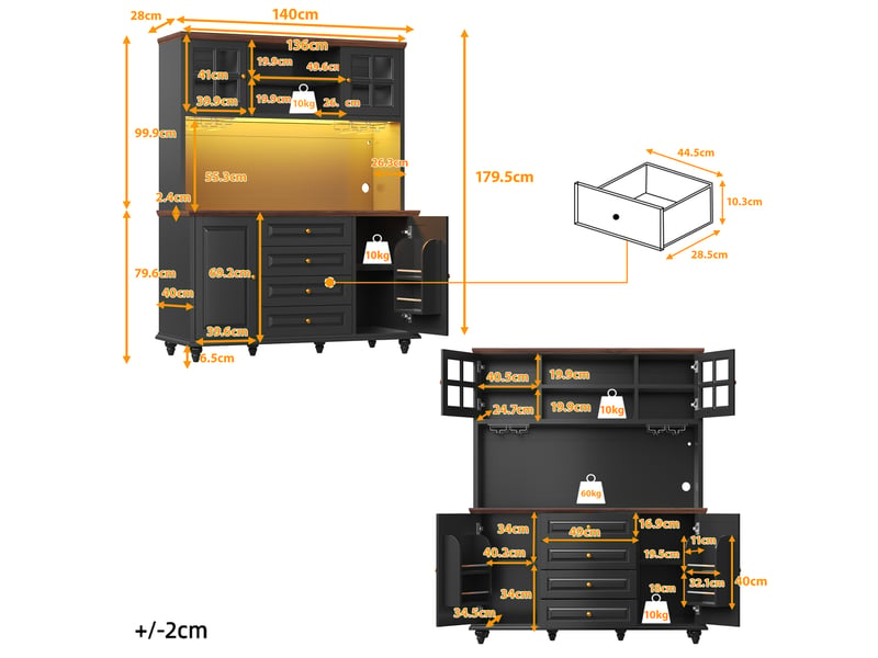  Buffet haut de cuisine 140 x 40 x 179,5 cm avec led rgb, étagères réglables et porte-verres en métal, noir  - Conforama C
