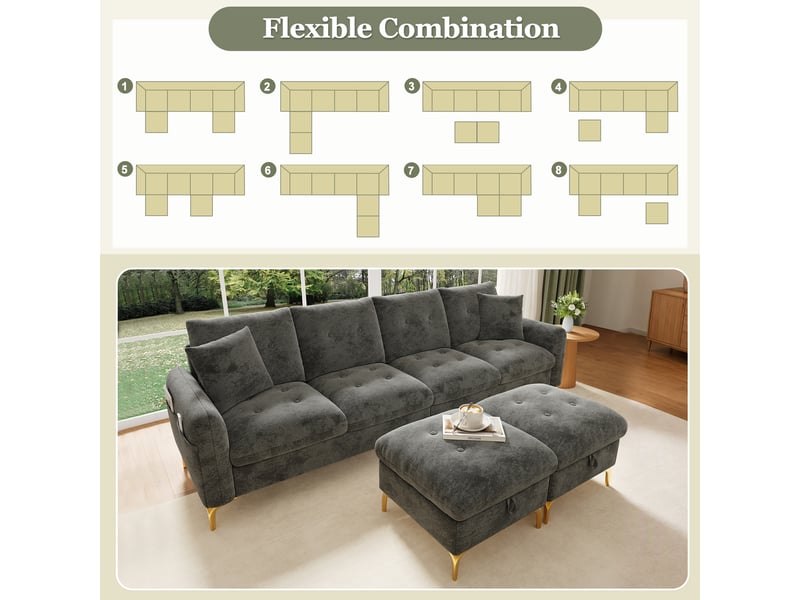 Canapé modulable en u,263x137x85 cm,4 places avec rangement,chenille,gris - Conforama D