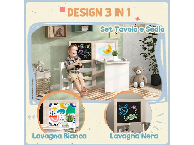  Ensemble table et chaises pour enfants de 3 à 8 ans avec tableau noir, tableau blanc, boîtes de rangement et rouleau de papier, blanc  - Conforama E