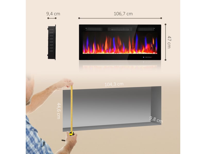  Cheminée électrique mural ou encastrable 900w1800w, effet flamme à 12 couleurs 5 luminosités, 106,7x9,4x47cm, noir  - Conforama C