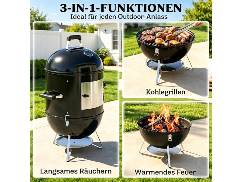  Fumoir barbecue au charbon 62,5 x 47,5 x 91 cm – noir – 3 grilles de cuisson, thermomètre intégré  - Conforama E