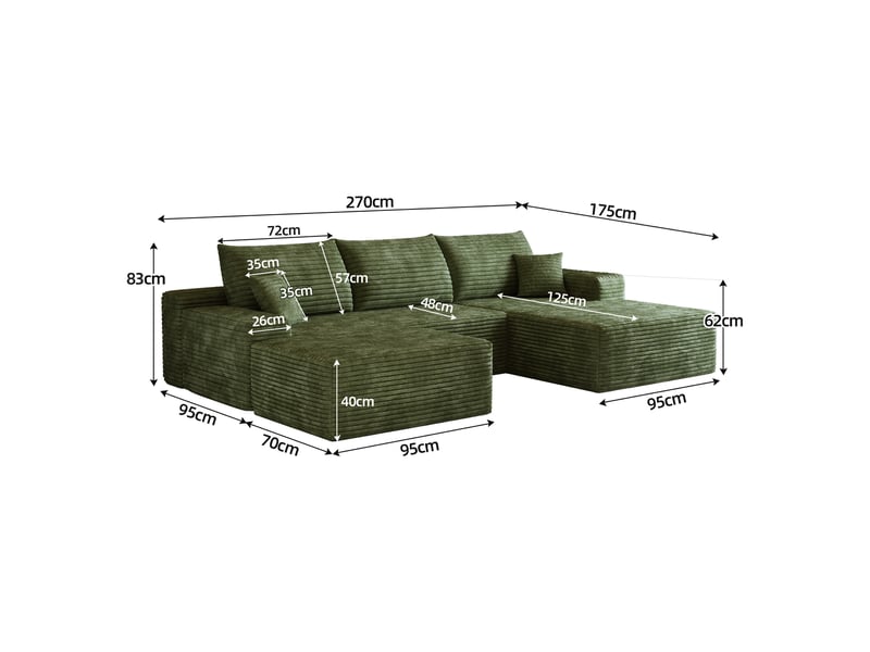  Canapé d’angle modulable avec méridienne et assise profonde - lpospi - sans montage, tissu côtelé - vert  - Conforama D