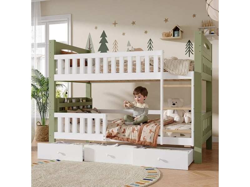  Lit superposé enfant 90 x 200 cm en bois, échelle, garde-corps haut, étagère latérale et 3 tiroirs, blanc et vert evarich - Conforama E
