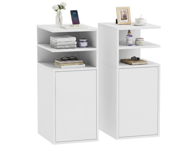  Ensemble de 2 tables de chevet avec porte et compartiments ouverts pour petits espaces, 25 x 30 x 60 cm, blanches  - Conforama A