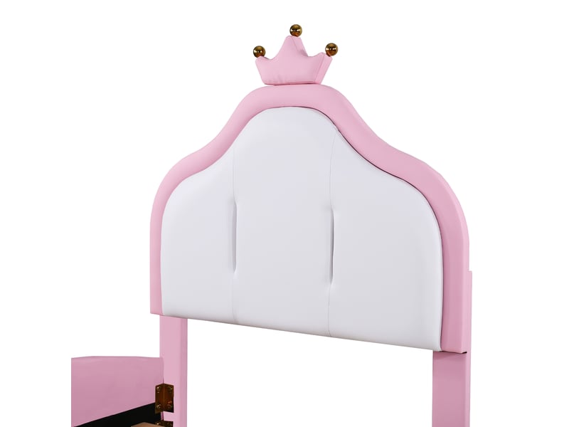  Lit enfant 200×90 cm avec tête de lit en forme de couronne, sans matelas, en simili cuir blanc et rose  - Conforama E