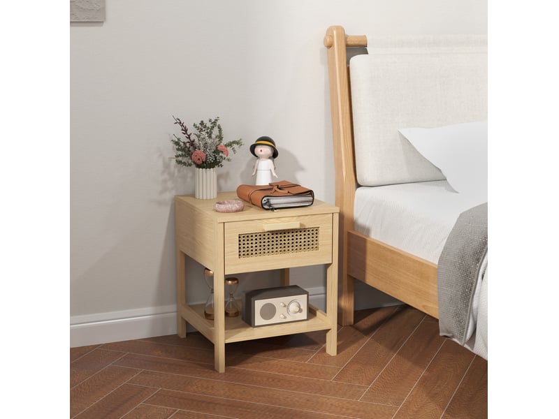  Table de chevet en bois naturel avec tiroir et niche ouverte design rotin 40 x 40 x 48,4 cm  - Conforama B