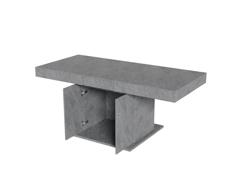  Table à manger rectangulaire extensible 140-180 x 80 cm avec rallonge automatique et grand rangement, plateau effet béton, 4 à 8 places  - Conforama D