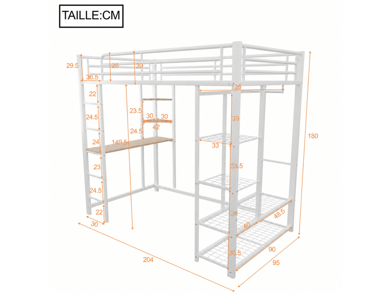 Lit mezzanine, lit simple en métal avec bureau, étagères, penderie et échelle, 200x90 cm, sans matelas, blanc - Conforama D