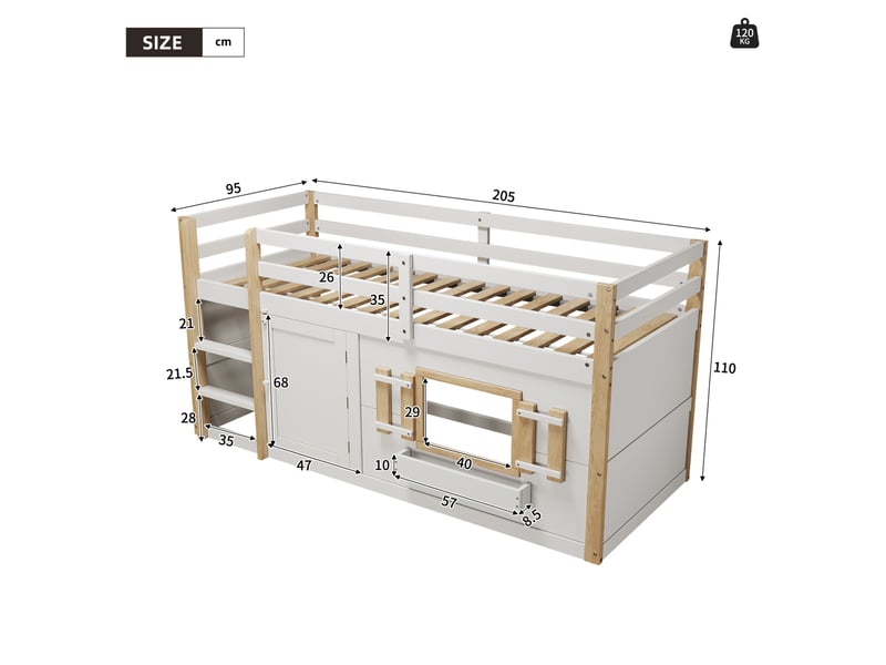 Lit enfant en mezzanine, 90x200 cm, échelle, couchage en hauteur, pour chambre, matelas non inclus, bois, coloris blanc  - Conforama C