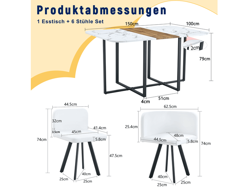 Ensemble table et 6 chaises extensible blanc et noir, plateau mdf et structure métal, jusqu’à 6 personnes - Conforama C