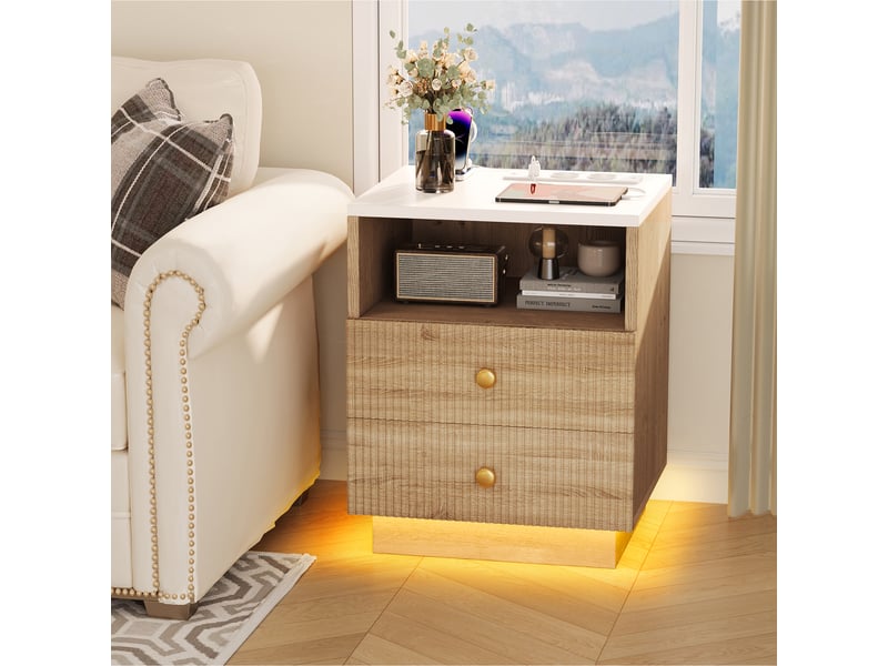  Ensemble de table de chevet, imitation bois, avec station de recharge, lumière led, 2 tiroirs, bois  - Conforama D