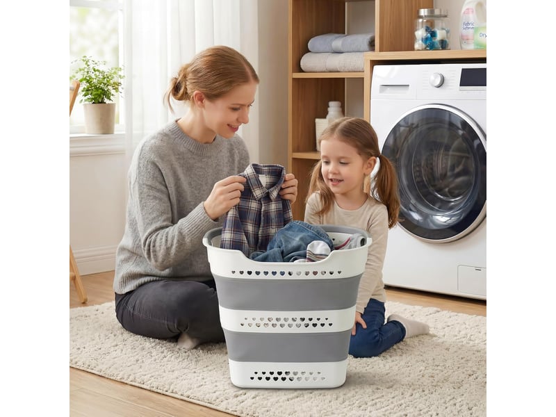  Lot de 2 paniers à linge pliables 42 l, corbeilles en plastique avec poignées, gain de place pour vêtements, gris clair  - Conforama B